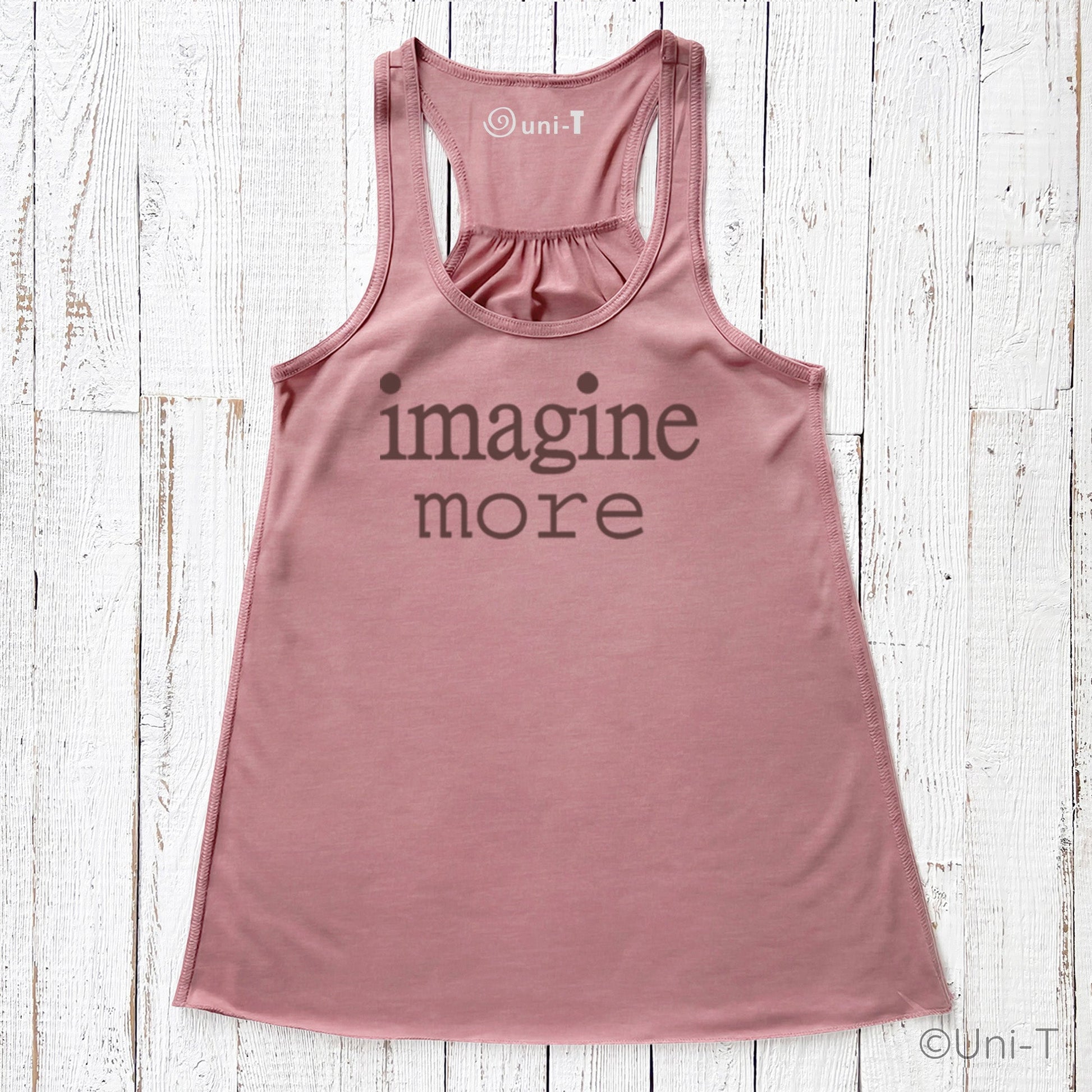 Women’s Flowy Tank Top - Imagine More in dusty rose with racerback cut. Soft eco-friendly fabric ideal for casual or yoga wear.