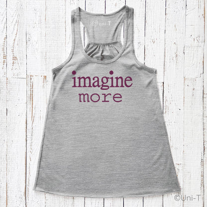 Women’s Flowy Tank Top - Imagine More in heather gray with purple text. Relaxed fit tank top made in the USA with sustainable materials.