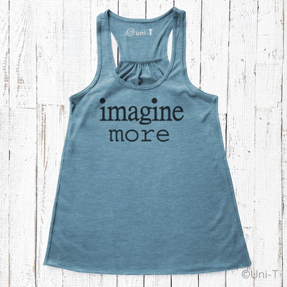 Women’s Flowy Tank Top - Imagine More in denim blue with black text. Visionary comfort top perfect for inspirational everyday outfits.
