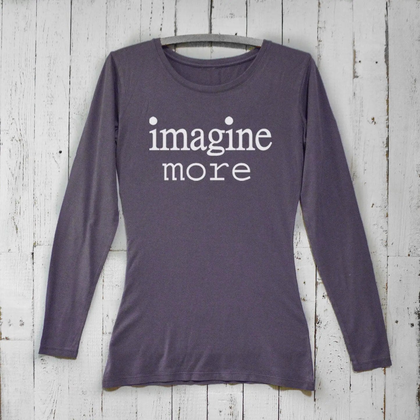 Dark purple Women's Imagine Long Sleeve T-Shirt made from bamboo and organic cotton. Features minimalist 'imagine more' typography.