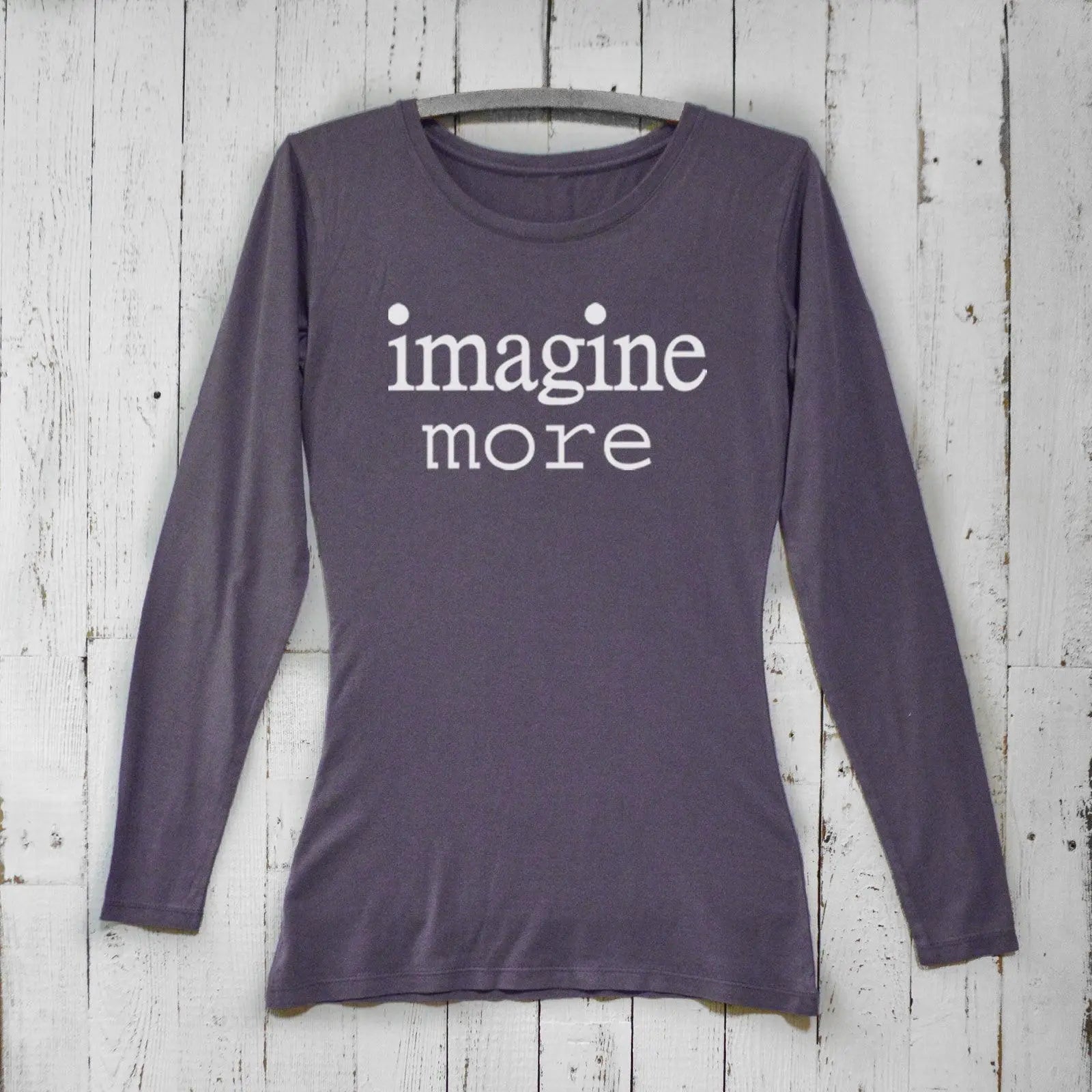 Dark purple Women's Imagine Long Sleeve T-Shirt made from bamboo and organic cotton. Features minimalist 'imagine more' typography.