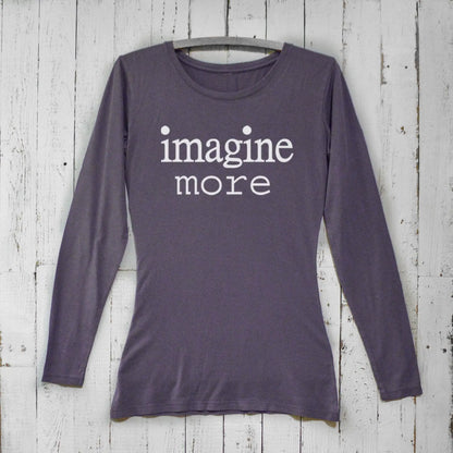 Dark purple Women's Imagine Long Sleeve T-Shirt made from bamboo and organic cotton. Features minimalist 'imagine more' typography.