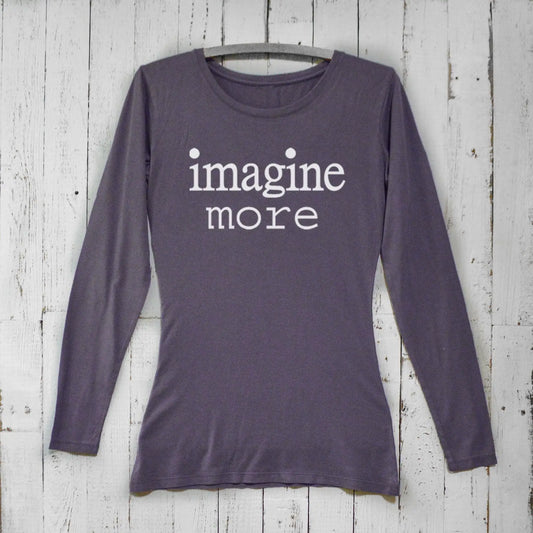 Dark purple Women's Imagine Long Sleeve T-Shirt made from bamboo and organic cotton. Features minimalist 'imagine more' typography.