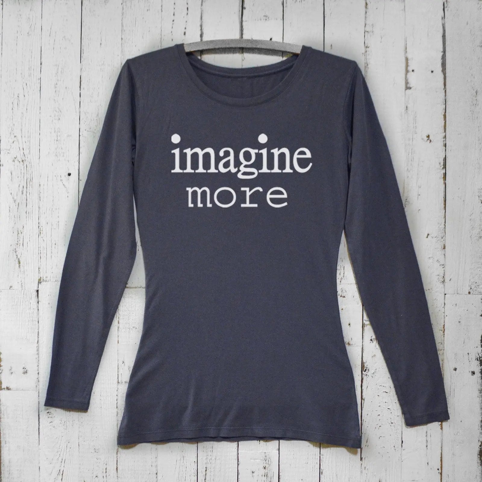 Navy Women's Imagine Long Sleeve T-Shirt in soft bamboo and organic cotton. Inspirational 'imagine more' quote design for dreamers.