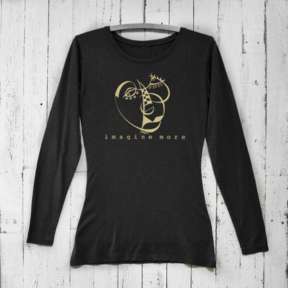 Women's Cubism Face Long Sleeve T-Shirt in black bamboo & organic cotton with 'Imagine More' graphic. Artistic cozy tee, ideal gift for creatives.