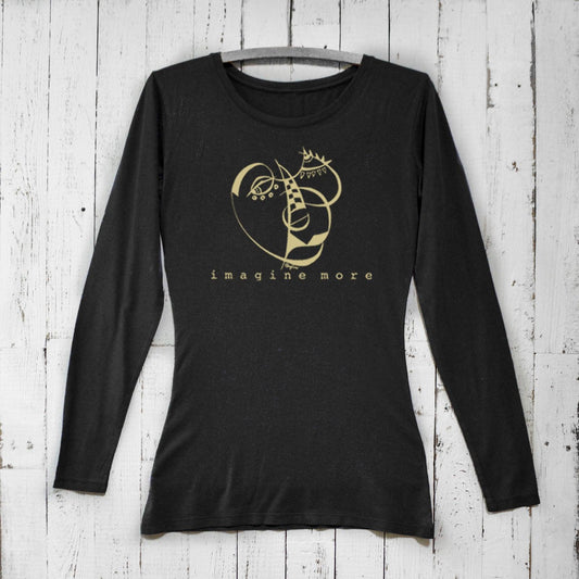 Women's Cubism Face Long Sleeve T-Shirt in black bamboo & organic cotton with 'Imagine More' graphic. Artistic cozy tee, ideal gift for creatives.
