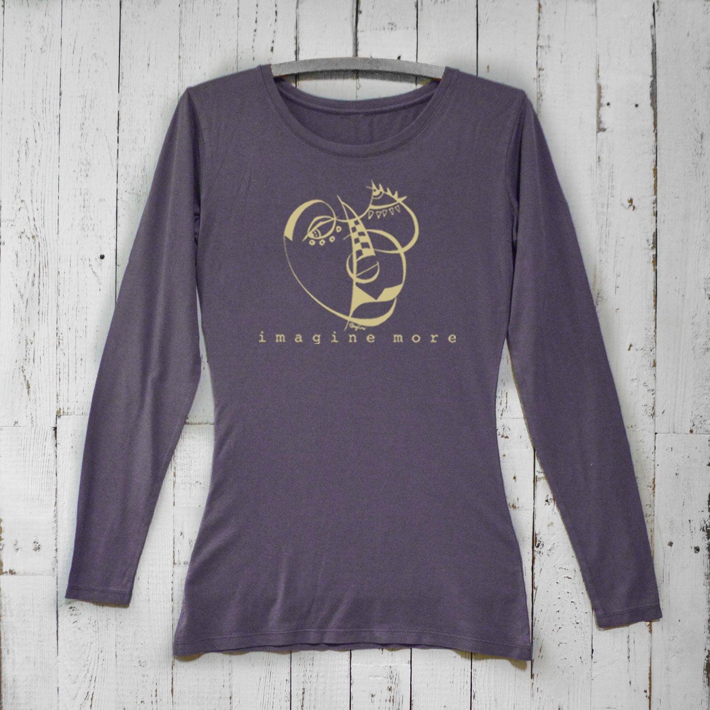 Dark purple Women's Cubism Face Long Sleeve T-Shirt made from bamboo & organic cotton. Features abstract art and 'Imagine More' text for artists.