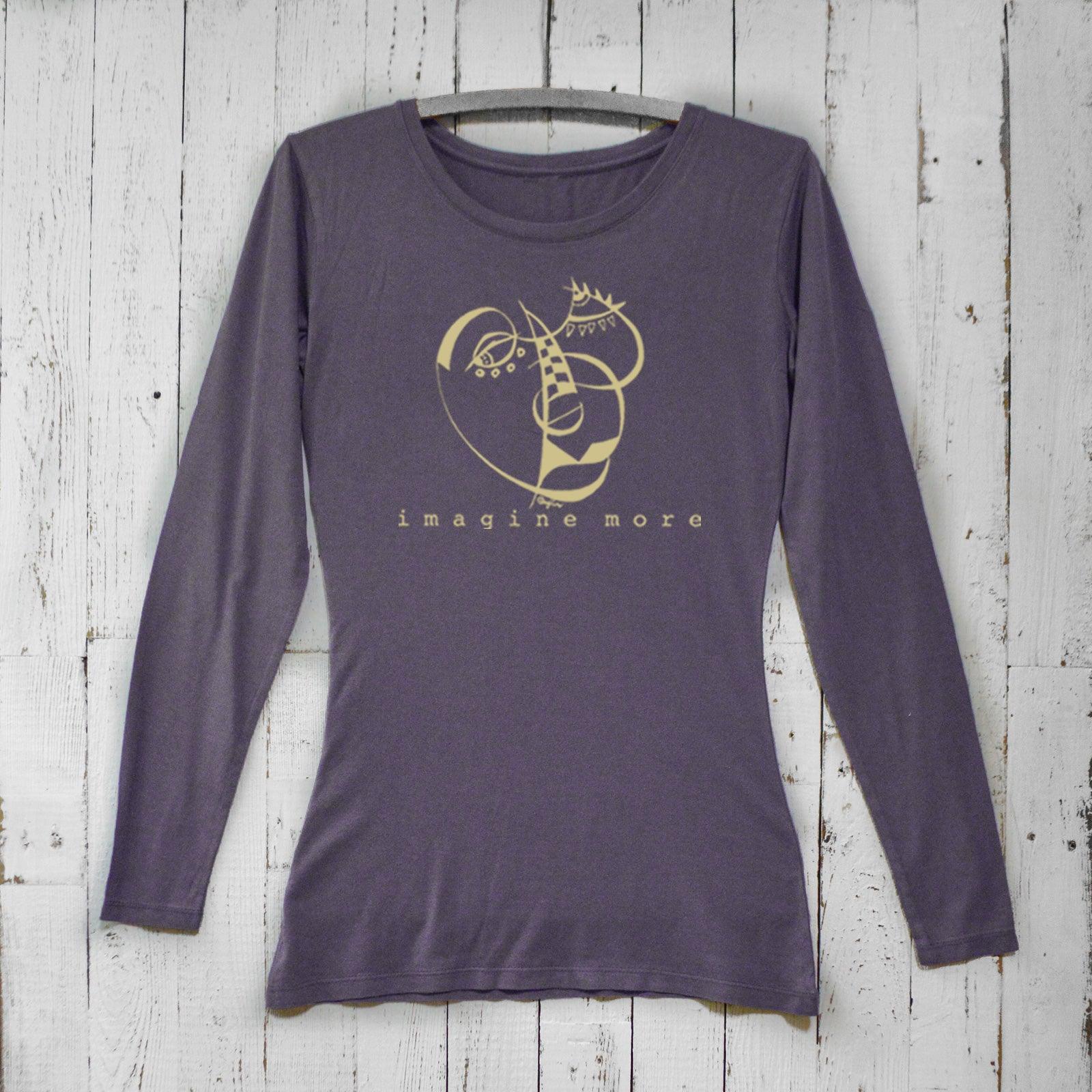 Dark purple Women's Cubism Face Long Sleeve T-Shirt made from bamboo & organic cotton. Features abstract art and 'Imagine More' text for artists.
