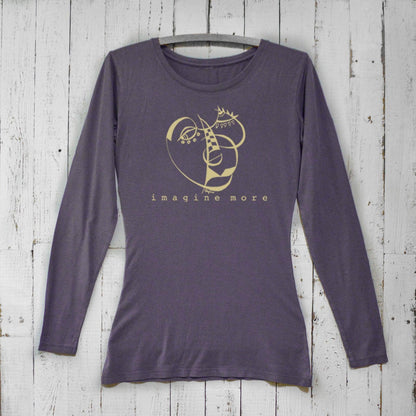Dark purple Women's Cubism Face Long Sleeve T-Shirt made from bamboo & organic cotton. Features abstract art and 'Imagine More' text for artists.