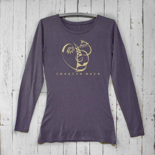 Dark purple Women's Cubism Face Long Sleeve T-Shirt made from bamboo & organic cotton. Features abstract art and 'Imagine More' text for artists.