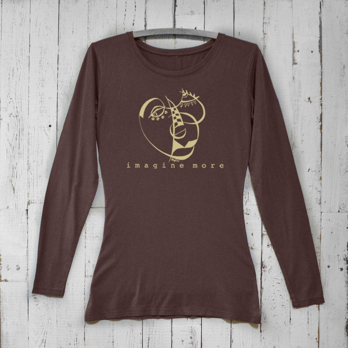 Brown Women's Cubism Face Long Sleeve T-Shirt in bamboo & organic cotton. Features abstract cubist face and 'Imagine More' slogan for art lovers.