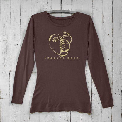 Brown Women's Cubism Face Long Sleeve T-Shirt in bamboo & organic cotton. Features abstract cubist face and 'Imagine More' slogan for art lovers.