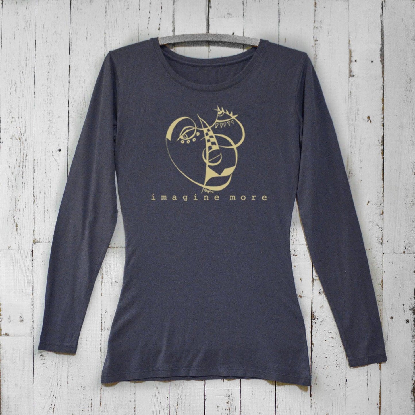 Ocean blue Women's Cubism Face Long Sleeve T-Shirt crafted from bamboo & organic cotton. Cozy graphic tee with 'Imagine More' for creative gifting.