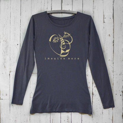 Ocean blue Women's Cubism Face Long Sleeve T-Shirt crafted from bamboo & organic cotton. Cozy graphic tee with 'Imagine More' for creative gifting.