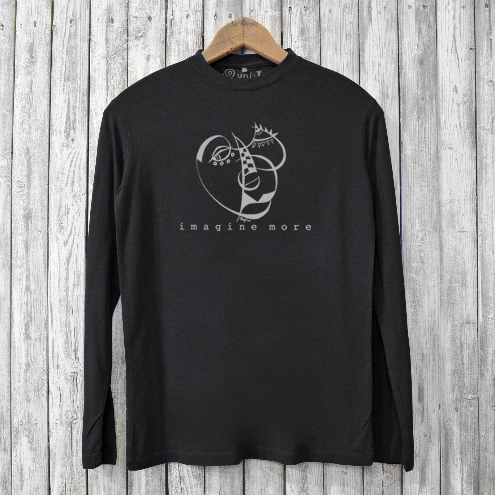 Men's bamboo long sleeve T-shirt in black with abstract face graphic and 'imagine more' text. Eco-friendly and stylish for everyday wear.