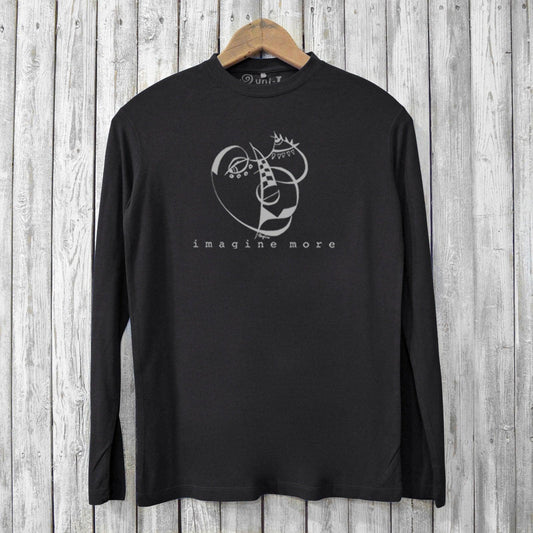 Men's bamboo long sleeve T-shirt in black with abstract face graphic and 'imagine more' text. Eco-friendly and stylish for everyday wear.