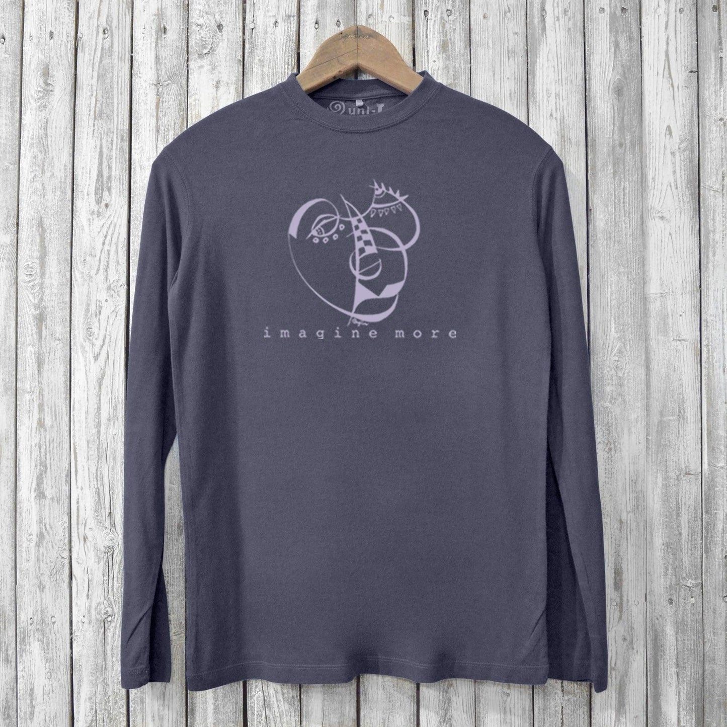 Charcoal men's bamboo long sleeve T-shirt with artistic face print and 'imagine more' message. Sustainable fashion for creative minds.