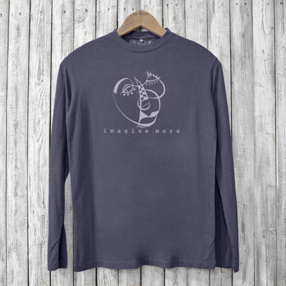 Charcoal men's bamboo long sleeve T-shirt with artistic face print and 'imagine more' message. Sustainable fashion for creative minds.