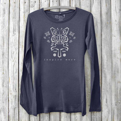 Women's Butterfly Long Sleeve T-Shirt in navy blue bamboo & organic cotton with 'Inspire More' graphic. Cozy inspirational tee for artists by Uni-T.