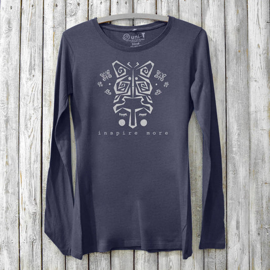 Women's Butterfly Long Sleeve T-Shirt in navy blue bamboo & organic cotton with 'Inspire More' graphic. Cozy inspirational tee for artists by Uni-T.