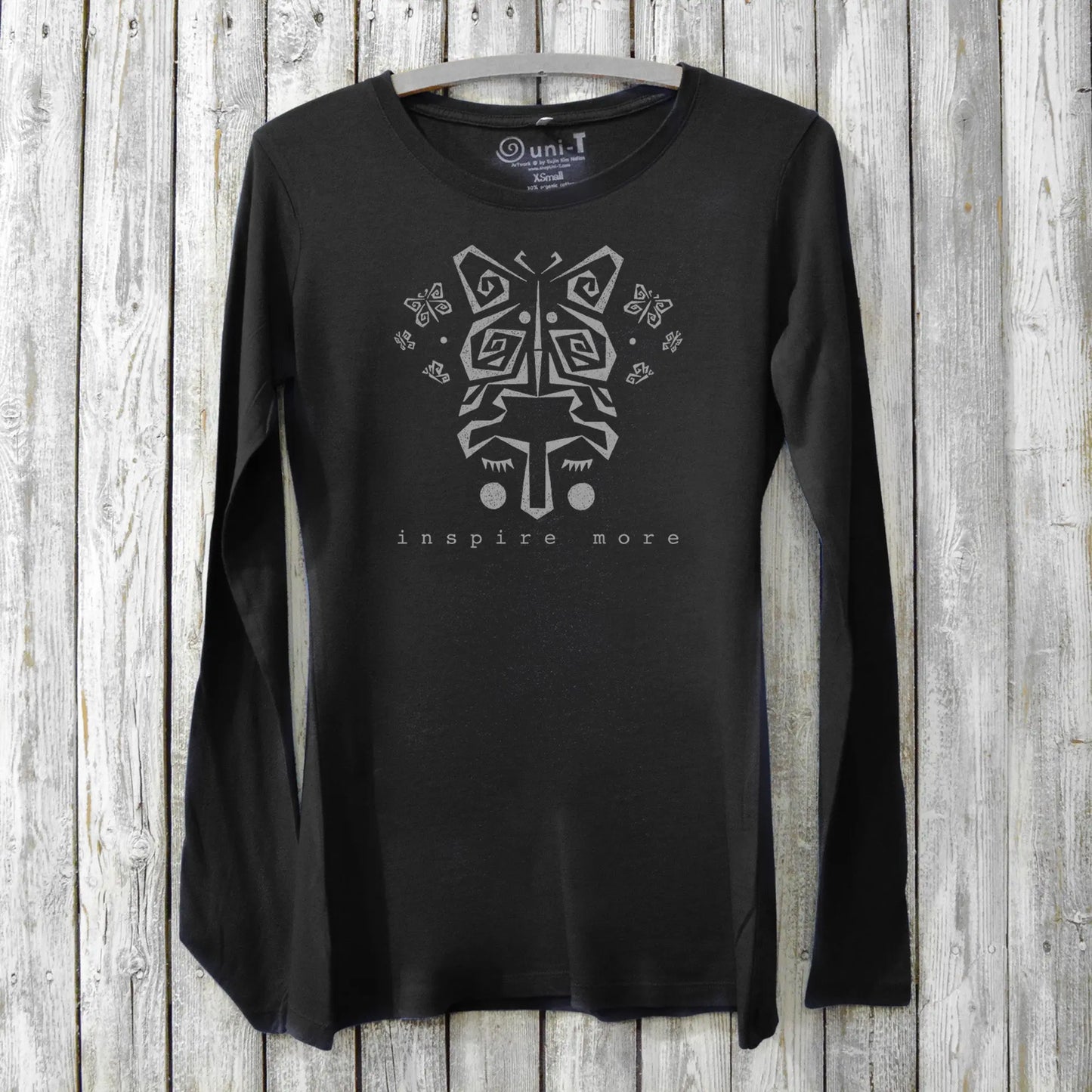 Black bamboo & organic cotton women's long sleeve T-shirt featuring a butterfly and 'Inspire More' message. Eco-friendly gift idea from Uni-T.