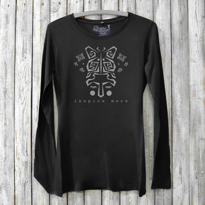 Black bamboo & organic cotton women's long sleeve T-shirt featuring a butterfly and 'Inspire More' message. Eco-friendly gift idea from Uni-T.