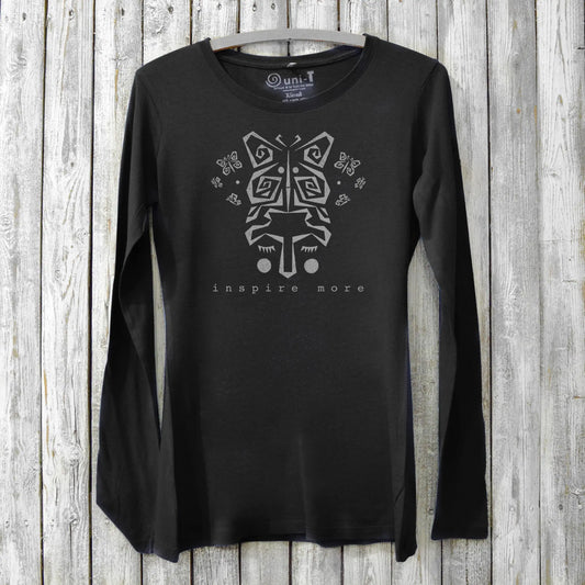 Black bamboo & organic cotton women's long sleeve T-shirt featuring a butterfly and 'Inspire More' message. Eco-friendly gift idea from Uni-T.