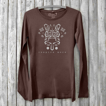 Brown women's long sleeve graphic tee with butterfly and 'Inspire More' text. Made from soft bamboo & organic cotton, perfect for mindful gifting.