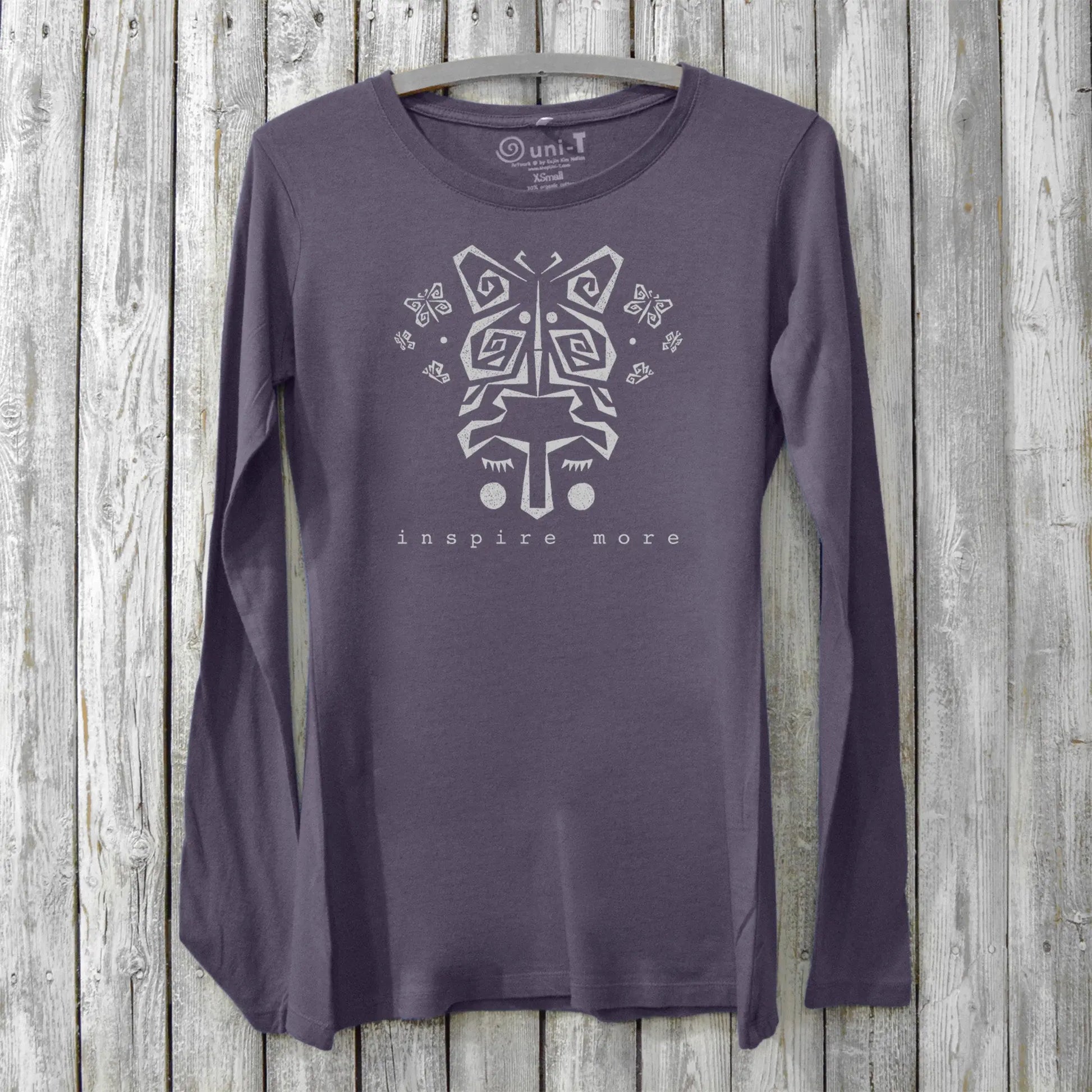 Purple bamboo & organic cotton long sleeve T-shirt for women with inspirational butterfly design. Stylish and sustainable apparel by Uni-T.
