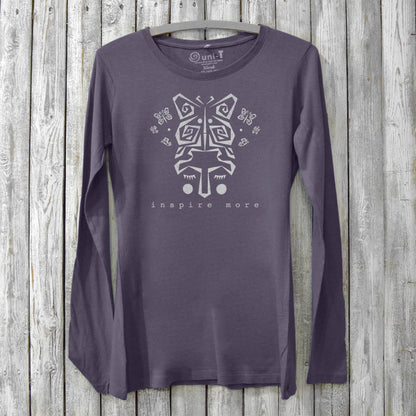 Purple bamboo & organic cotton long sleeve T-shirt for women with inspirational butterfly design. Stylish and sustainable apparel by Uni-T.