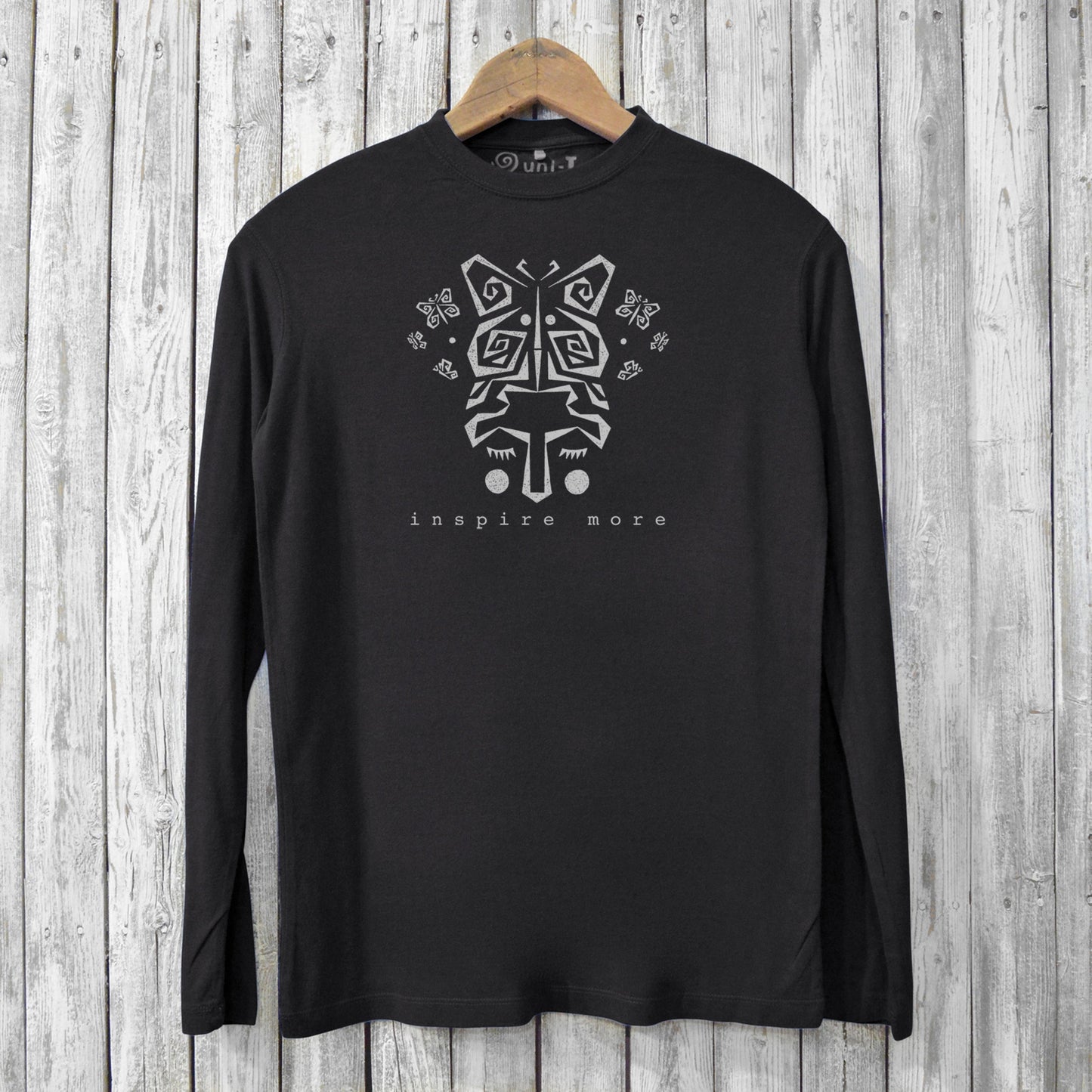 Inspire More T-Shirts - Art Design Tee in black made from bamboo and organic cotton. Features tribal butterfly graphic and eco-friendly long sleeves.