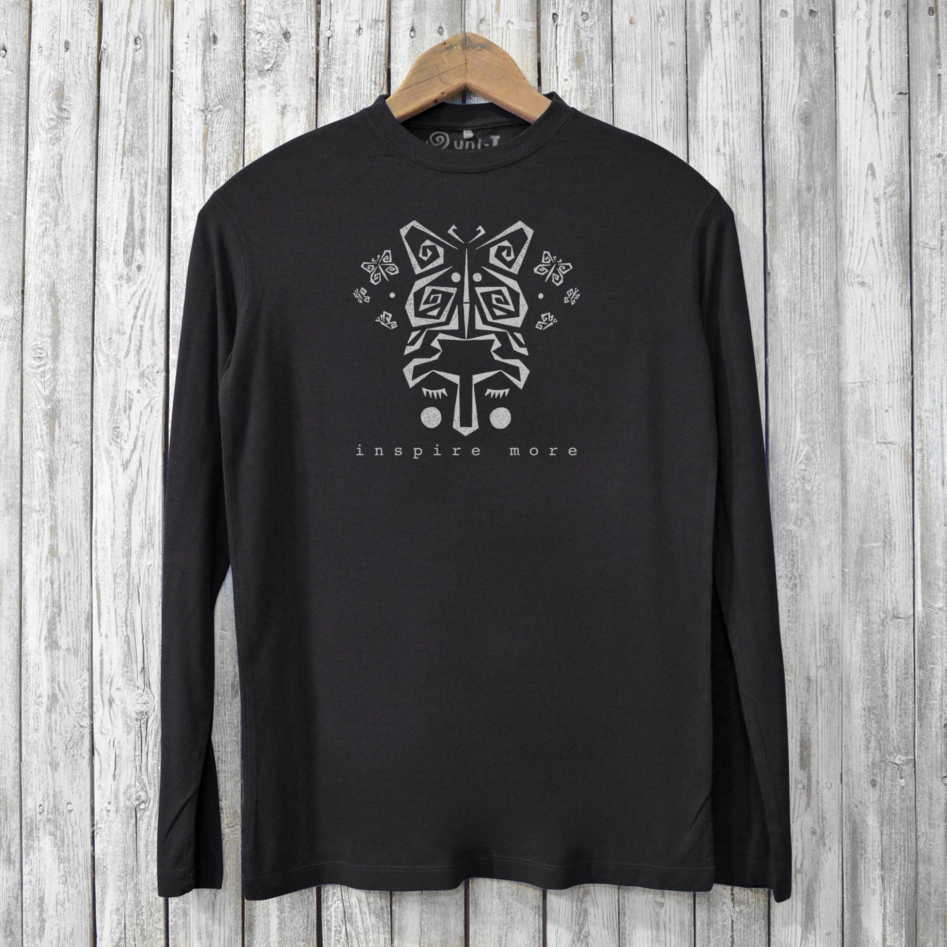 Inspire More T-Shirts - Art Design Tee in black made from bamboo and organic cotton. Features tribal butterfly graphic and eco-friendly long sleeves.