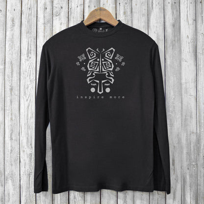 Inspire More T-Shirts - Art Design Tee in black made from bamboo and organic cotton. Features tribal butterfly graphic and eco-friendly long sleeves.