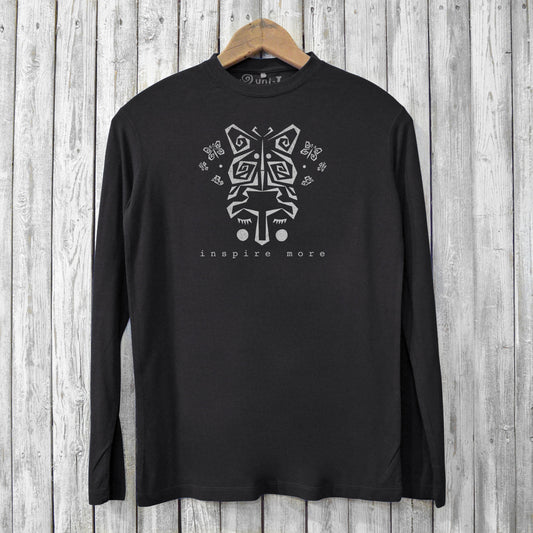 Inspire More T-Shirts - Art Design Tee in black made from bamboo and organic cotton. Features tribal butterfly graphic and eco-friendly long sleeves.