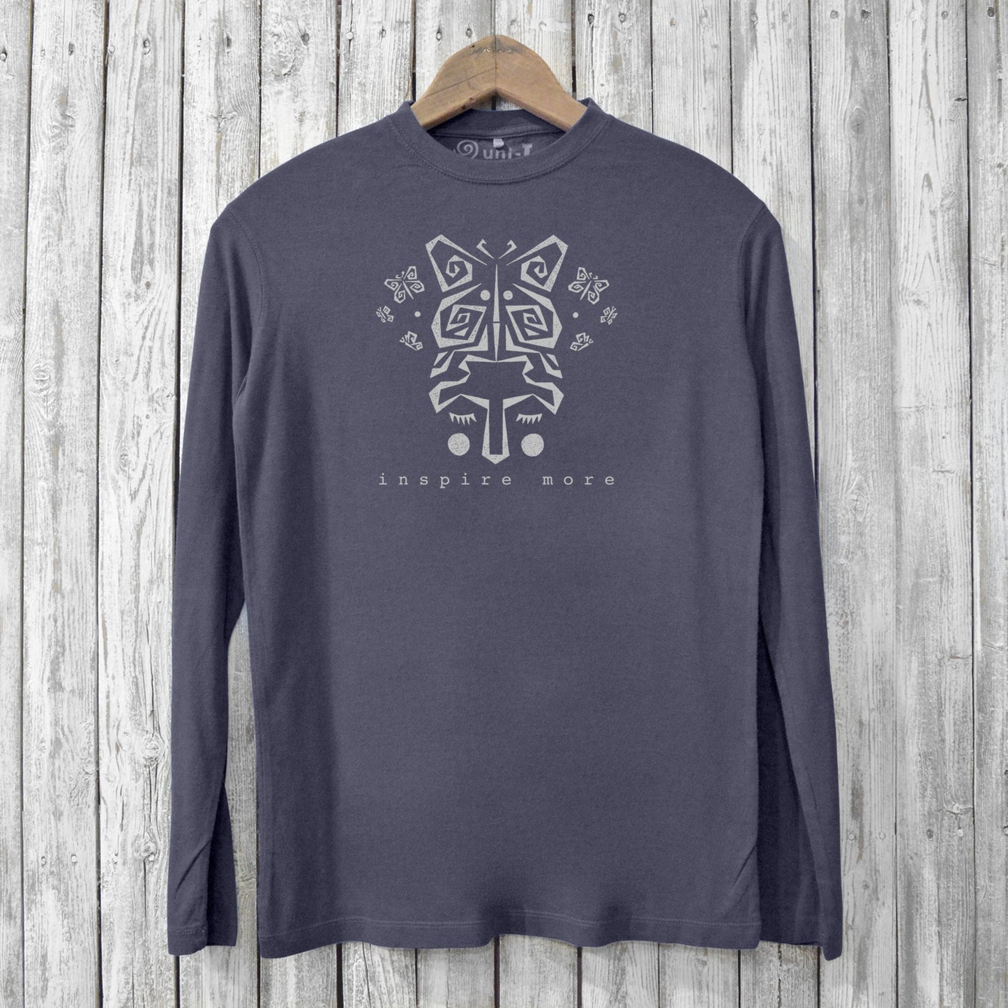 Inspire More T-Shirts - Art Design Tee in charcoal grey featuring artistic butterfly motif. Eco-conscious men’s long sleeve shirt in bamboo cotton blend.