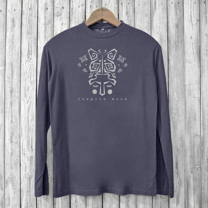 Inspire More T-Shirts - Art Design Tee in charcoal grey featuring artistic butterfly motif. Eco-conscious men’s long sleeve shirt in bamboo cotton blend.