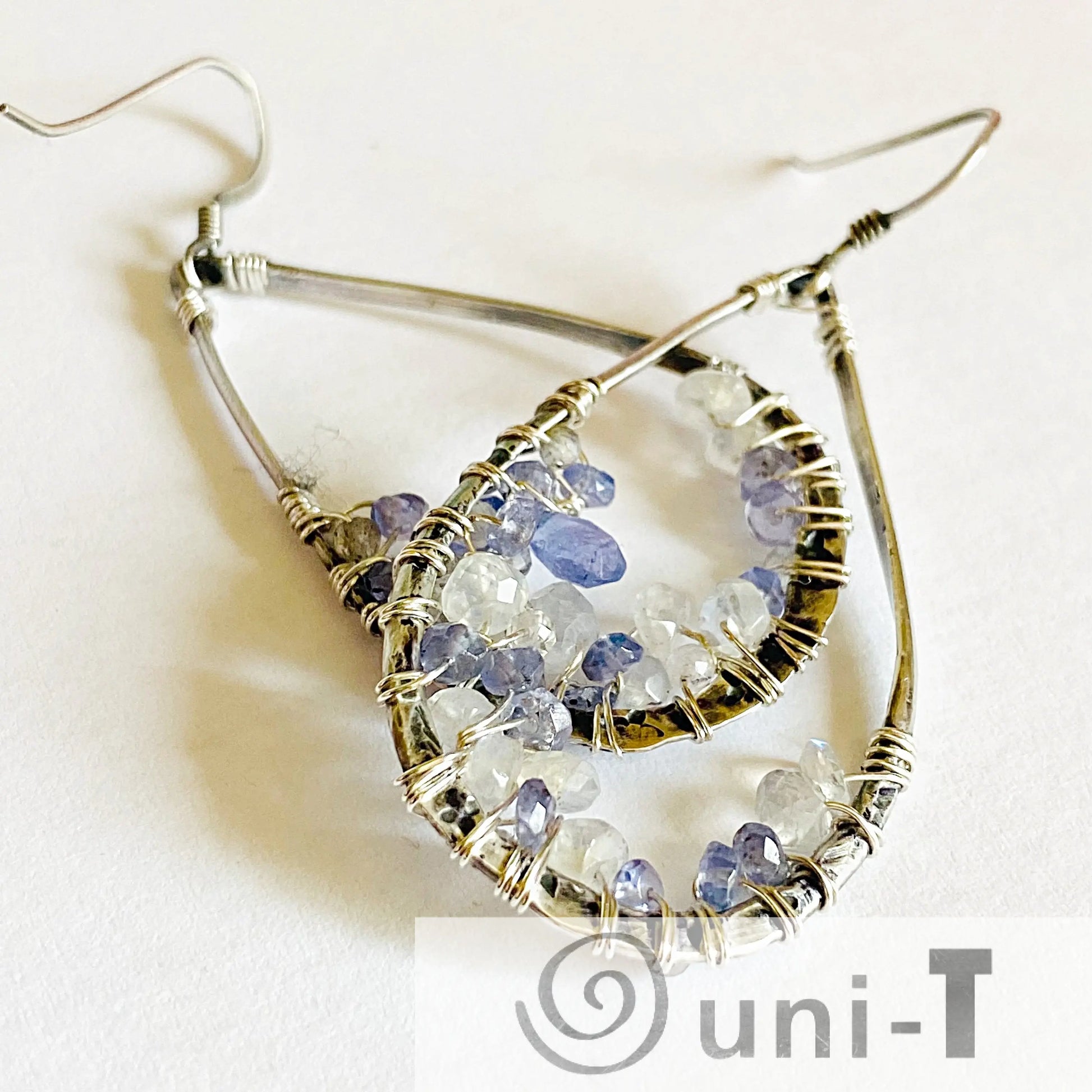 Iolite and Moonstone Earrings - Teardrop design in sterling silver with wire-wrapped gemstone crusting. Handmade 2-inch dangle earrings.