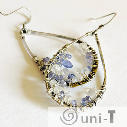 Iolite and Moonstone Earrings - Teardrop design in sterling silver with wire-wrapped gemstone crusting. Handmade 2-inch dangle earrings.