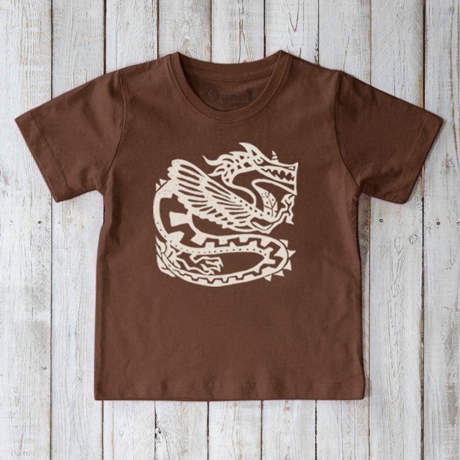 Kids' Dragon Organic Cotton T-Shirt in brown with whimsical fantasy dragon graphic, eco-friendly mythical creature top by Uni-T.