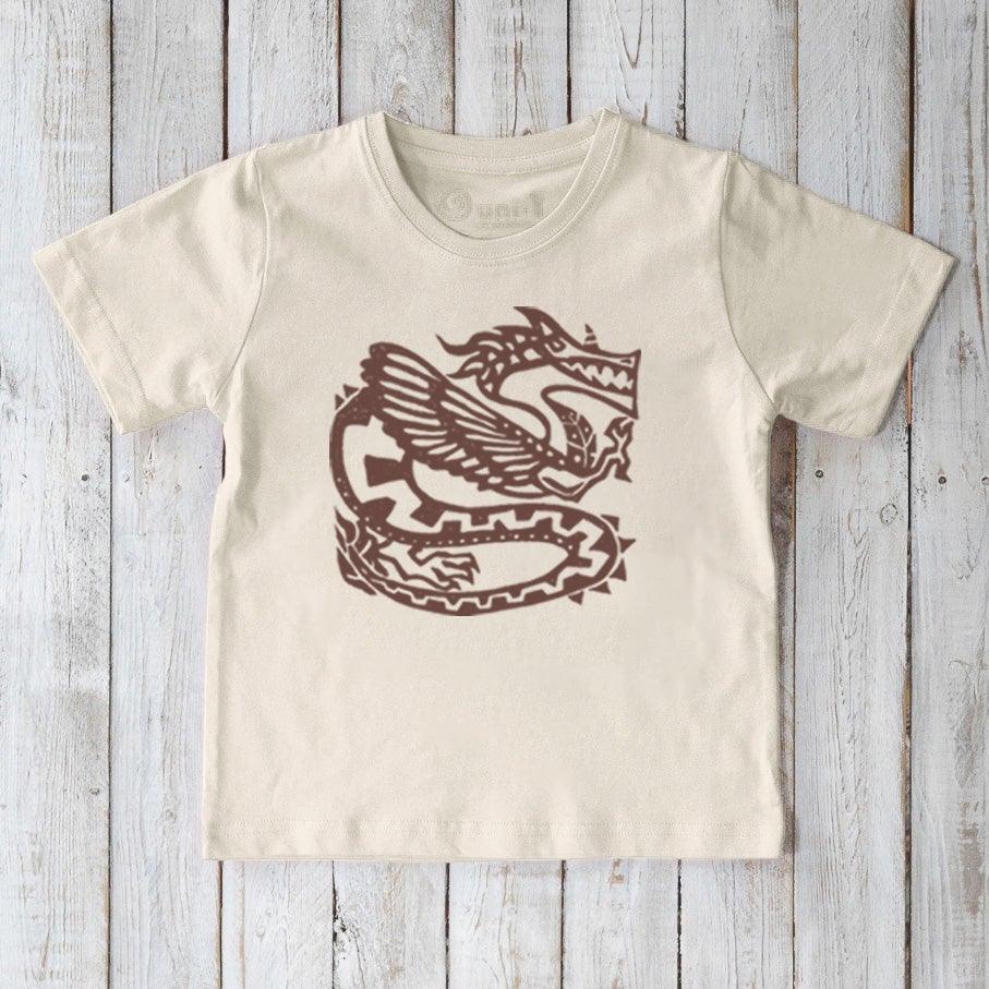 Cream Kids' Organic Cotton T-Shirt featuring brown ancient dragon illustration, sustainable fantasy-themed tee by Uni-T.
