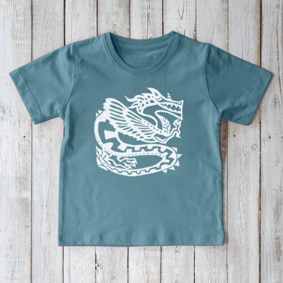 Blue Kids' Organic Cotton T-Shirt with white dragon graphic, whimsical fantasy design on eco-friendly Uni-T mythical creature top.