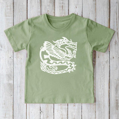 Light green Kids' Dragon Organic Cotton T-Shirt with white fantasy dragon print, sustainable and imaginative tee by Uni-T.