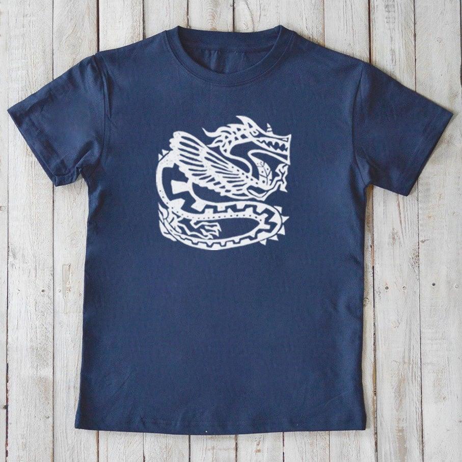 Navy blue Kids' Organic Cotton T-Shirt with white dragon illustration, sustainable mythical creature top by Uni-T for fantasy-loving kids.