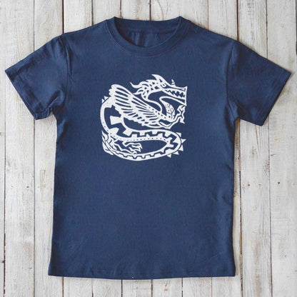 Navy blue Kids' Organic Cotton T-Shirt with white dragon illustration, sustainable mythical creature top by Uni-T for fantasy-loving kids.