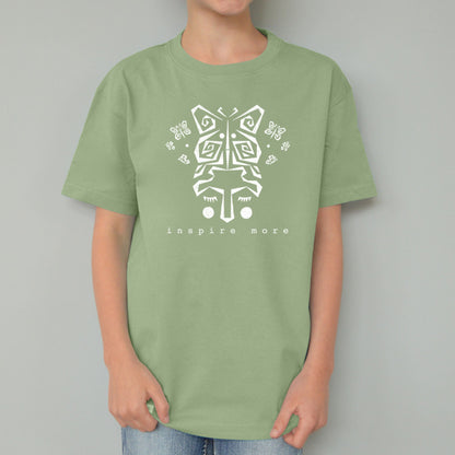 Green kids' organic cotton t-shirt with white butterfly design and 'Inspire More' slogan. Eco-conscious Uni-T nature-themed graphic top.