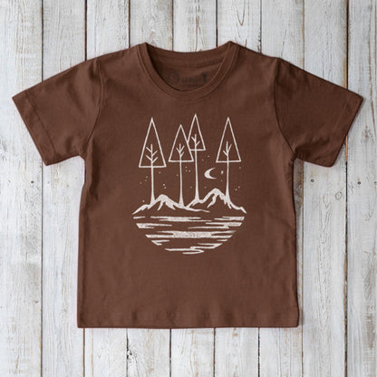 Kids' Nature T-Shirt in 100% Organic Cotton in brown with mountain and tree graphic, eco-friendly and perfect for outdoor-loving kids.