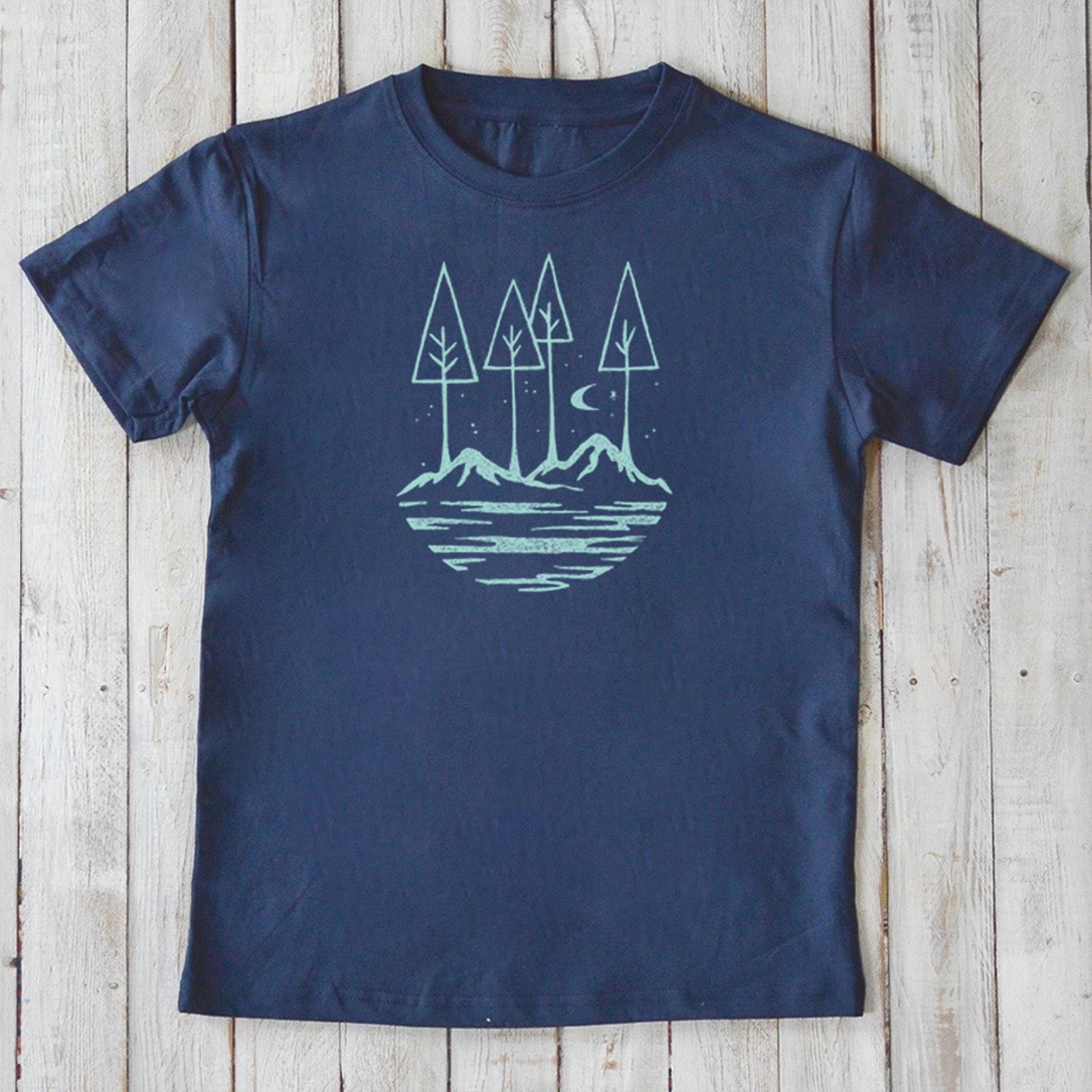 Eco-friendly navy blue Kids' Nature T-Shirt made from 100% organic cotton, with serene mountain and tree line art for nature-loving children.