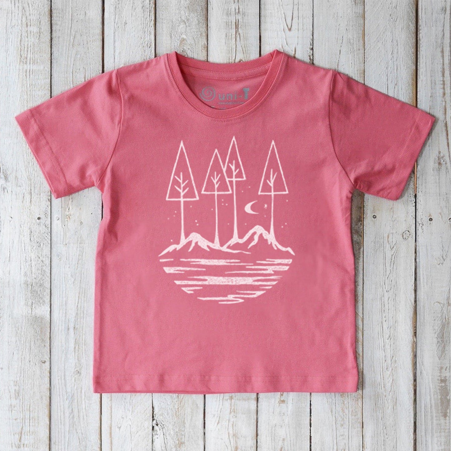 Pink Kids' Organic Cotton Graphic T-Shirt with inspirational forest and mountain print, ideal for nature-loving girls and boys.