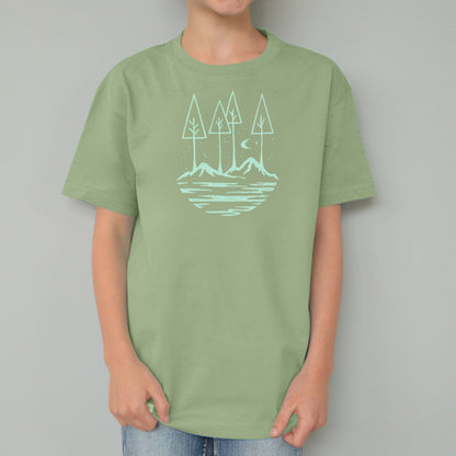 Sage green Kids' Organic Cotton T-Shirt with nature-inspired mountain and tree graphic, a thoughtful and eco-friendly gift for children.