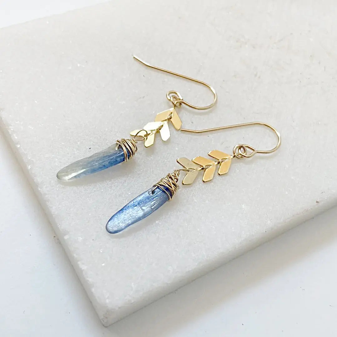 Kyanite Gold Chevron Earrings with genuine blue kyanite stones and brass chevron accents on gold earwires, perfect for elegant styling.